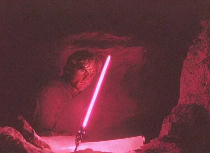 Image similar to detailed photo of Luke skywalker uncovering the secrets of the ancient jedi texts. a dark pink hazy ethereal cave from Indiana jones, screenshot from the 1983 film, Photographed with Leica Summilux-M 24 mm lens, ISO 100, f/8, Portra 400