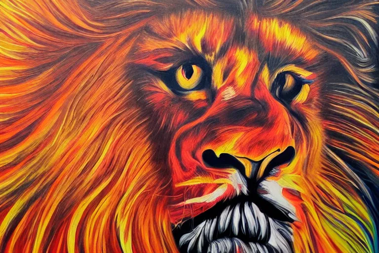 Prompt: a painting of a fiery lion in lowbrow art style
