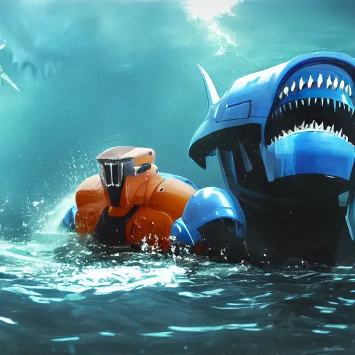 Prompt: a giant athletic sleek well - designed strong blue mecha robot fighting a giant orange monstrous hammerhead shark kaiju creature in waist deep water