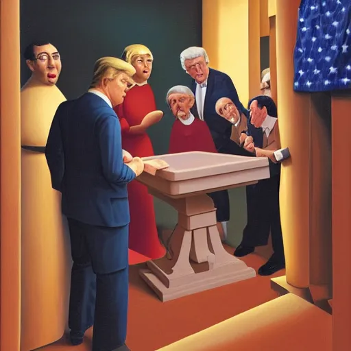 Prompt: oil painting by george tooker of a satirical presidential run