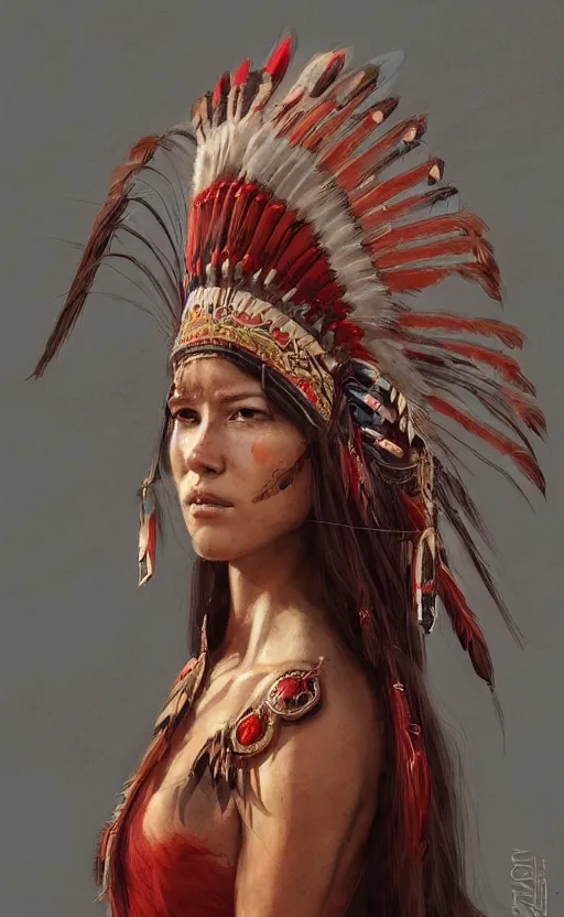 Prompt: gorgeous redskin woman wearing headdress, intricate, elegant, highly detailed, artstation, concept art, smooth, sharp focus, illustration, art by stefan kostic and greg rutkowski