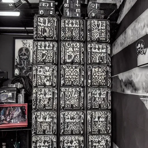 Image similar to cyberpunk hellraiser room of a tattoo artist in the futur dark