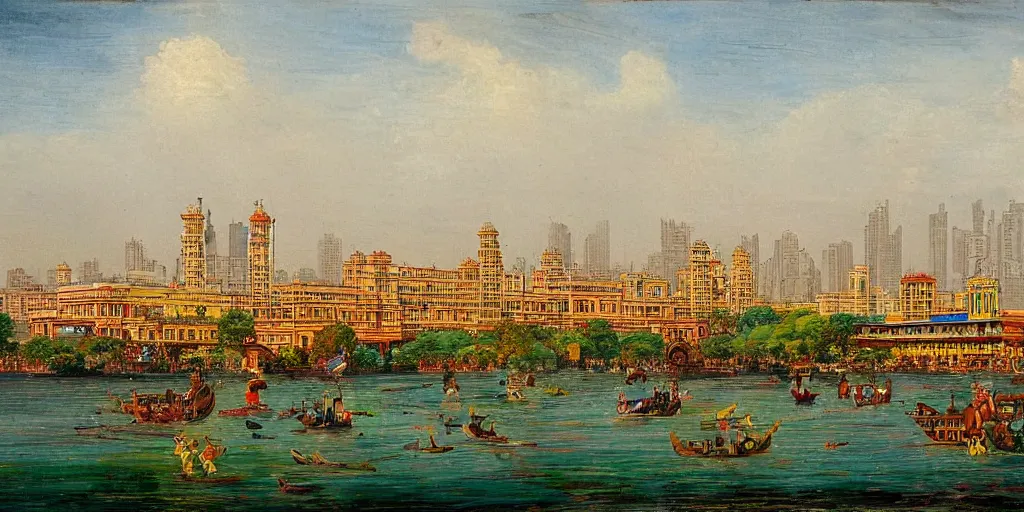 Image similar to mumbai skyline in the style of raja ravi varma with victoria terminus in the background, high detail, realism