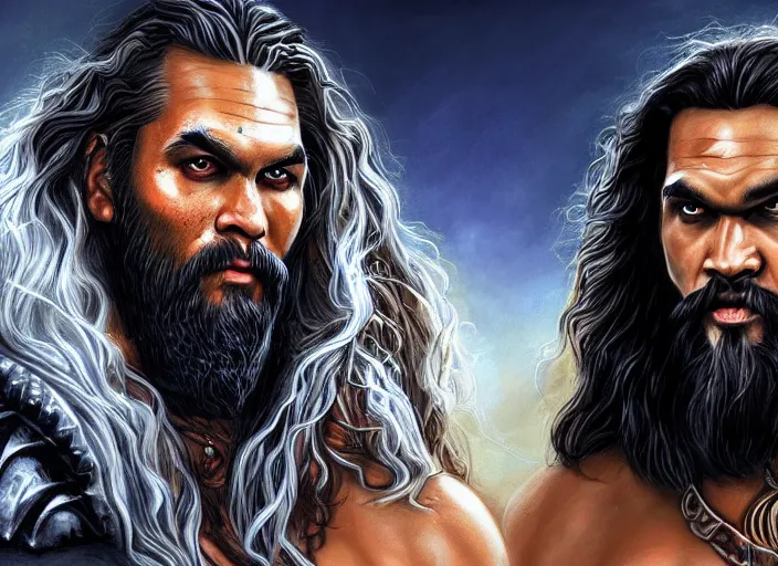 Prompt: jason momoa as khal drago with queen daenerys stormborn by anne stokes and larry elmore, detailed matte painting, realistic portrait, symmetrical, highly detailed, digital painting, artstation, concept art, smooth, sharp focus, illustration, cinematic lighting, 8 k resolution