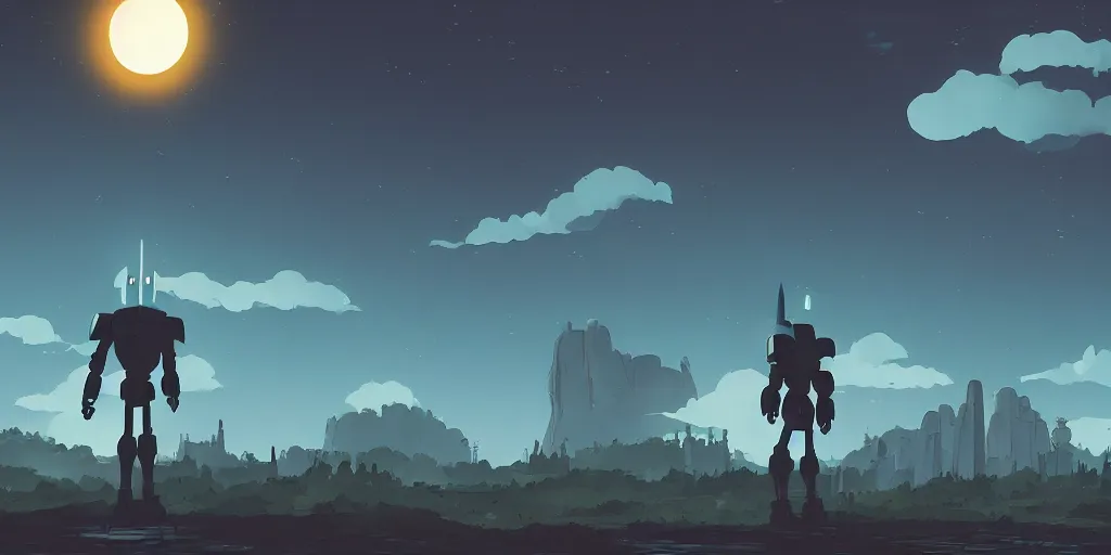 Image similar to Iron Giant, Very Cloudy Sky, Sun, Neon Lights, Subject in Middle, Rule of Thirds, 4K, Retrofuturism, Castlevania, Fantasy, hollow knight, Studio Ghibli, Simon Stålenhag