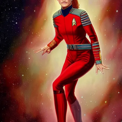 Image similar to ultra realistic illustration, bella! thorne! as captain janeway wearing star trek red uniform, intricate, elegant, highly detailed, digital painting, artstation, concept art, smooth, sharp focus, illustration, art by artgerm and greg rutkowski and alphonse mucha