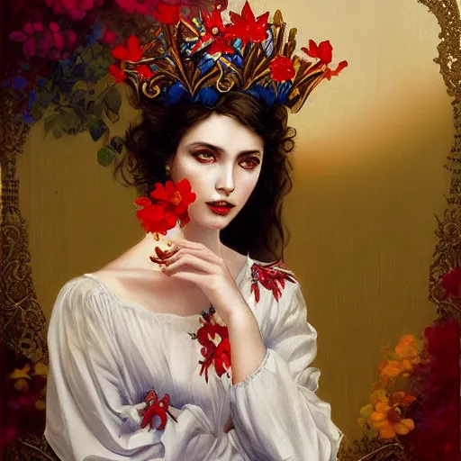 Image similar to beautiful brunette lady in white embroidered shirt, national costume of venezuela, filigree crown with red, blue and yellow textile orchid flowers, intricate, elegant, digital painting, art nouveau, soft, soft, focus, edge light, charlie bowater, tom bagshaw, greg rutkowski