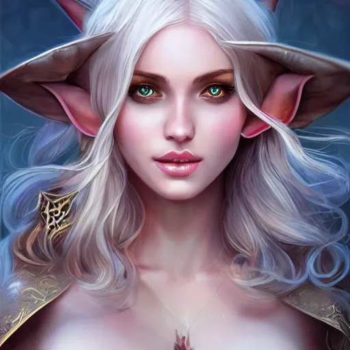 Prompt: beautiful Elf, blonde hair, dark fantasy, feminine figure, gorgeous, pretty face, beautiful body, revealing outfit, high detail, realistic, cgsociety, artgerm, trending on artstation