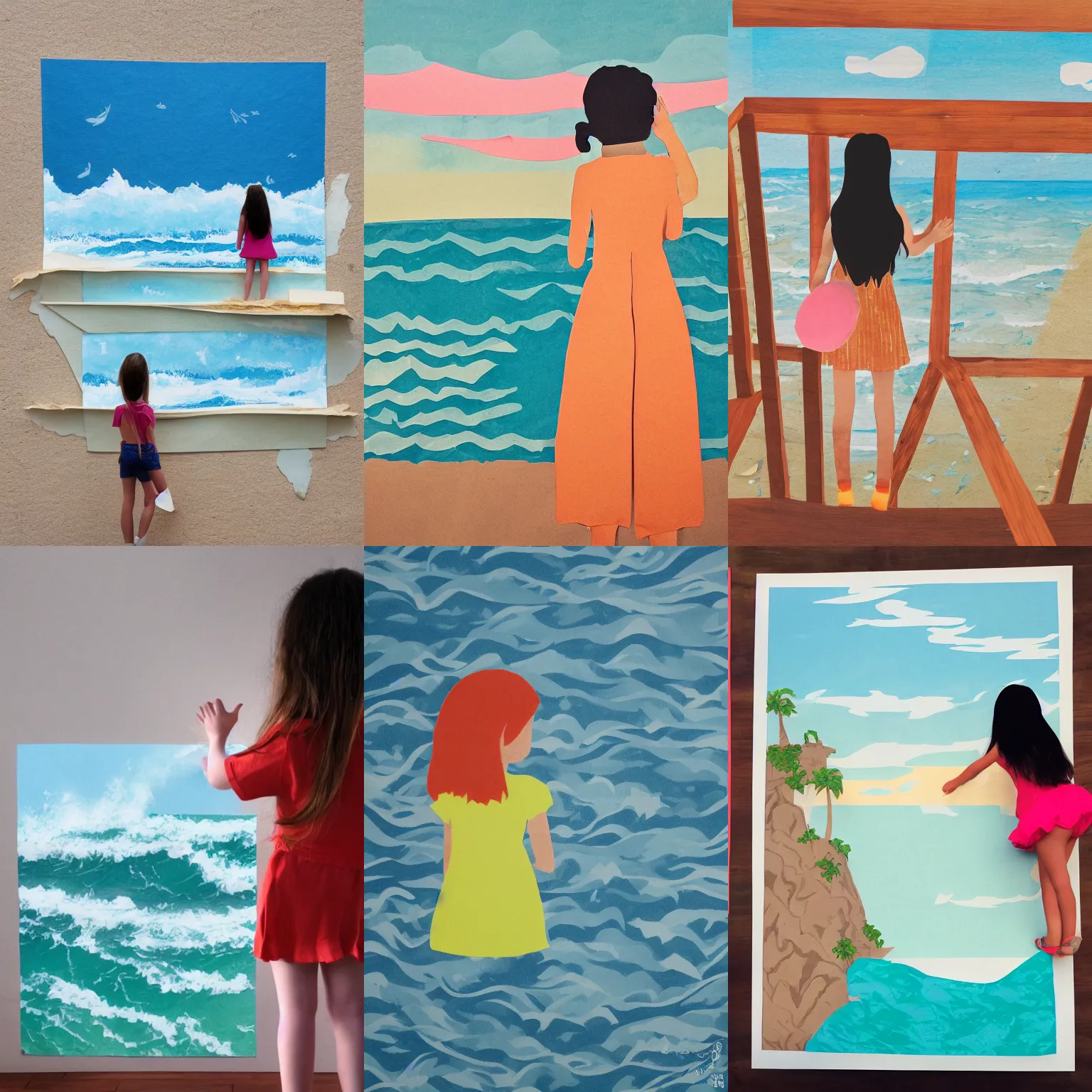 Prompt: scene of a girl looking out over an ocean with crashing waves made out of construction paper,