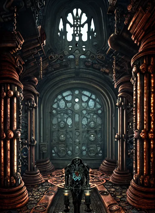 Image similar to steam necropolis, memento mori, gothic, neo - gothic, art nouveau, hyperdetailed copper patina medieval icon, stefan morrell, philippe druillet, ralph mcquarrie, concept art, steampunk, unreal engine, detailed intricate environment, octane render, moody atmospherics, volumetric lighting, ultrasharp, ominous, otherworldly