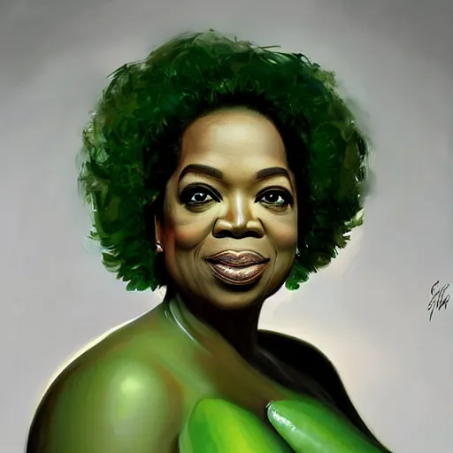 Image similar to a dish of oprah winfreys face fused with okra veg with green stalky ( ( green oprah winfrey's face ) ), oprah okra winfrey sentient veg, by greg rutkowski