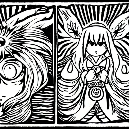 Image similar to Kyubey from Madoka Magica in the style of Japanese and European woodcuts