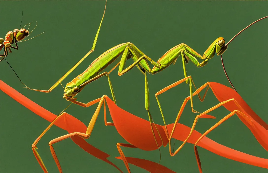 Prompt: implied lines, 4 k criterion collection remastered cinematography a praying mantis eating a dragonfly, photo realistic postprocessing interpolated by syd mead, claude gellee painting by james audubon