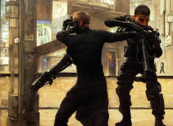 Image similar to Maria evades sgt Griggs. Cyberpunk hacker escaping Menacing Cyberpunk police trooper griggs. (dystopian, police state, Cyberpunk 2077, bladerunner 2049). Iranian orientalist portrait by john william waterhouse and Edwin Longsden Long and Theodore Ralli and Nasreddine Dinet, oil on canvas. Cinematic, vivid colors, hyper realism, realistic proportions, dramatic lighting, high detail 4k