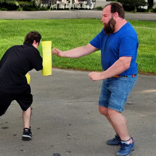 Prompt: a man roundhouse kicks a lemonade stand