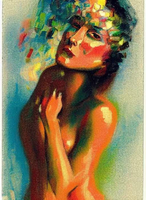 Image similar to an extreme close-up abstract portrait of a lady enshrouded in an impressionist representation of Mother Nature and the meaning of life by Igor Scherbakov, abstract, thick visible brush strokes, figure painting by Anthony Cudahy and Rae Klein, vintage postcard illustration, minimalist cover art by Mitchell Hooks