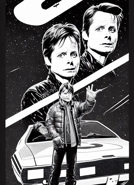 Image similar to michael j. fox as marty mcfly, extremely detailed, bold line art, by vincent di fate and joe fenton and artgerm, inking, etching, screen print, masterpiece, trending on artstation, sharp, high contrast, hyper realistic, hd, 4 k, 8 k