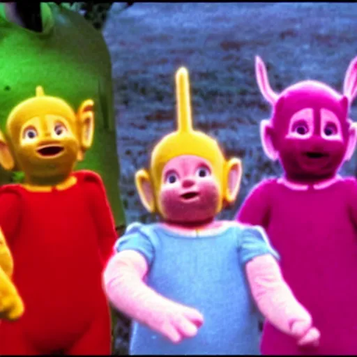 Prompt: movie still of Teletubbies as a horror movie