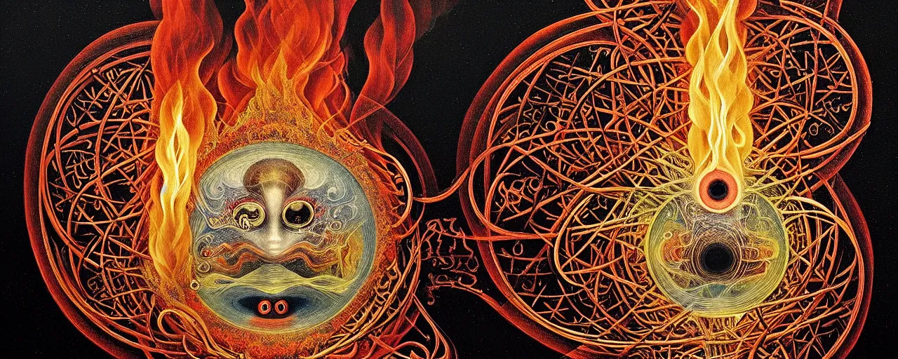 Image similar to a strange fire creature with endearing eyes radiates a unique canto'as above so below'while being ignited by the spirit of haeckel and robert fludd, breakthrough is iminent, glory be to the magic within, in honor of saturn, painted by ronny khalil