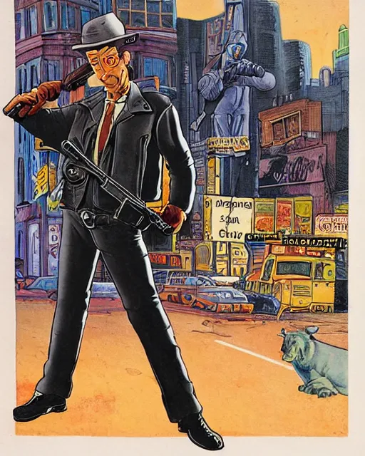 Image similar to detective with gun in leather jacket, los angeles city street, artwork by ralph bakshi