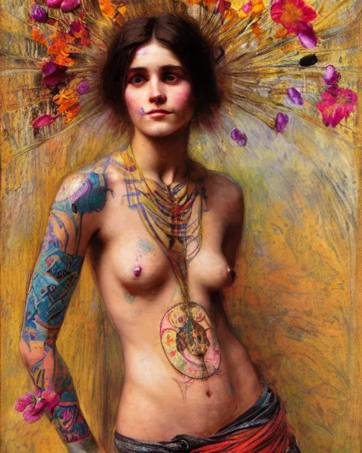 Image similar to a beautiful girl with colourful tribal tattoos surrounded by colourful flowers orientalist intricate portrait by john william waterhouse and edwin longsden long and theodore ralli and nasreddine dinet, oil on canvas. cinematic, hyper realism, dramatic lighting, high detail 8 k