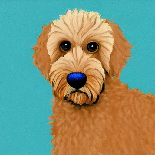 Image similar to portrait of a cute blond goldendoodle with short fur, high detail, minimalist painting, symmetry, award winning art, beautiful illustration