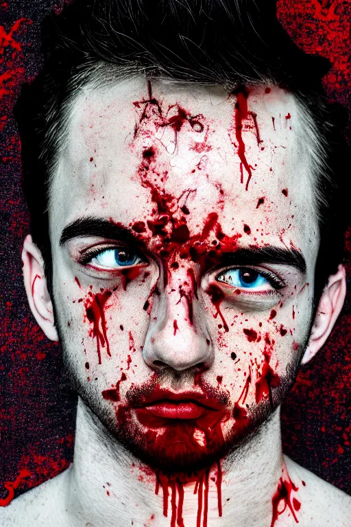 Image similar to guy covered with blood in his face - aesthetic, 4 k, comical, acrylic paint style, pencil style, torn cosmo magazine style, pop art style, ultrarealism, by mike swiderek, jorge lacera, ben lo, tyler west