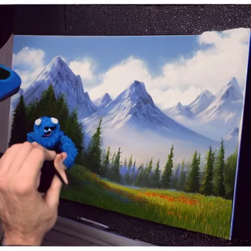 Image similar to a closeup photorealistic photograph of bob ross working on a canvas painting of cookie monster. film still. brightly lit scene. mountains and trees. this 4 k hd image is trending on artstation, featured on behance, well - rendered, extra crisp, features intricate detail, epic composition and the style of unreal engine.