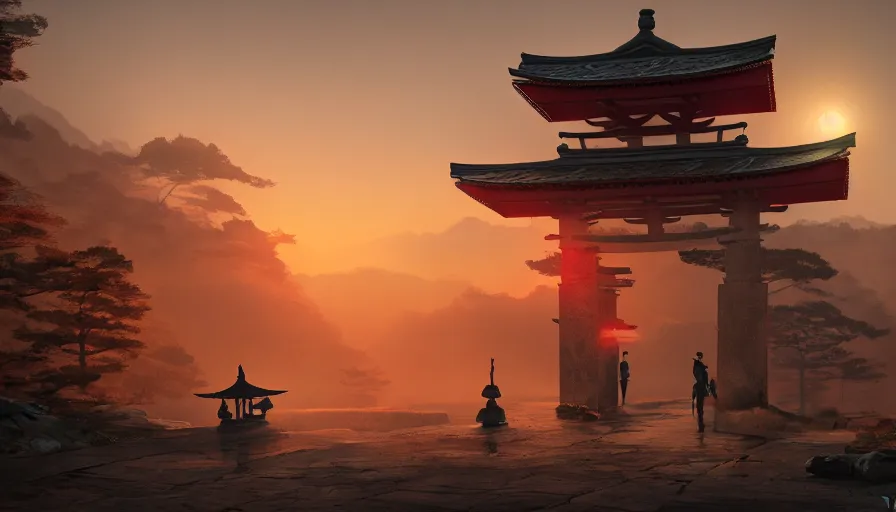 Prompt: An armed samurai standing under a torii gate, red sunrise , hyperdetailed, artstation, cgsociety, 8k