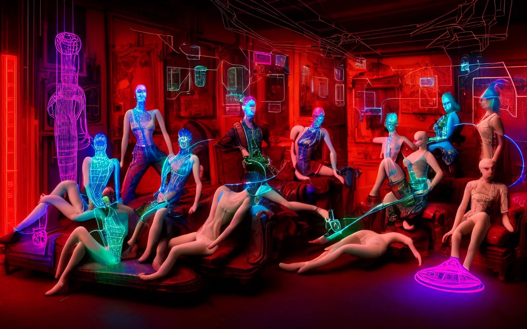 Image similar to A group of people, each person is wearing a leeloo by jean paul gaultier , sitting on an old antique couch in an old room with electronics, like a cyberpunk workshop, all around, very detailed, cyberpunk wires and oled monitors, displaying stock charts, on the walls, digital displays and holographic projections, projections of , ultrarealistic, dramatic lighting, electrical details, high details, 4k, 8k, best, accurate, trending on artstation, artstation, photorealism, ultrarealistic, digital painting, style of Caravaggio, Boris Vallejo