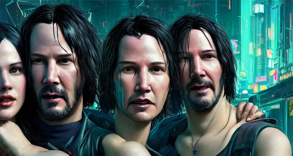 Image similar to a cyberpunk 2077 srcreenshot couple portrait of a Keanu Reeves and a female android in final kiss,love,film lighting,by Laurie Greasley,Lawrence Alma-Tadema,Dan Mumford,John Wick,Speed,Replicas,artstation,deviantart,FAN ART,full of color,Digital painting,face enhance,highly detailed,8K,octane,golden ratio,cinematic lighting