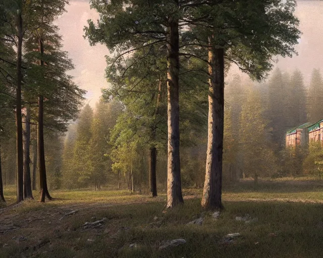 Prompt: beautiful matte painting of cute soviet block of flats hrushevka in end of forest by ivan shishkin, artstation, cinestill