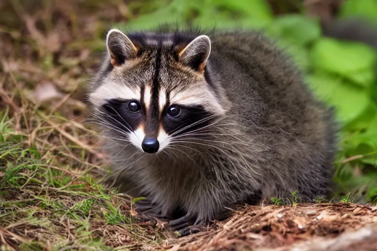 Prompt: a cat!!! racoon hybrid! hyper realistic!! realistic lighting!! wildlife photographer of the year!!! bold natural colors, national geographic, hd, wide angle, 8 k