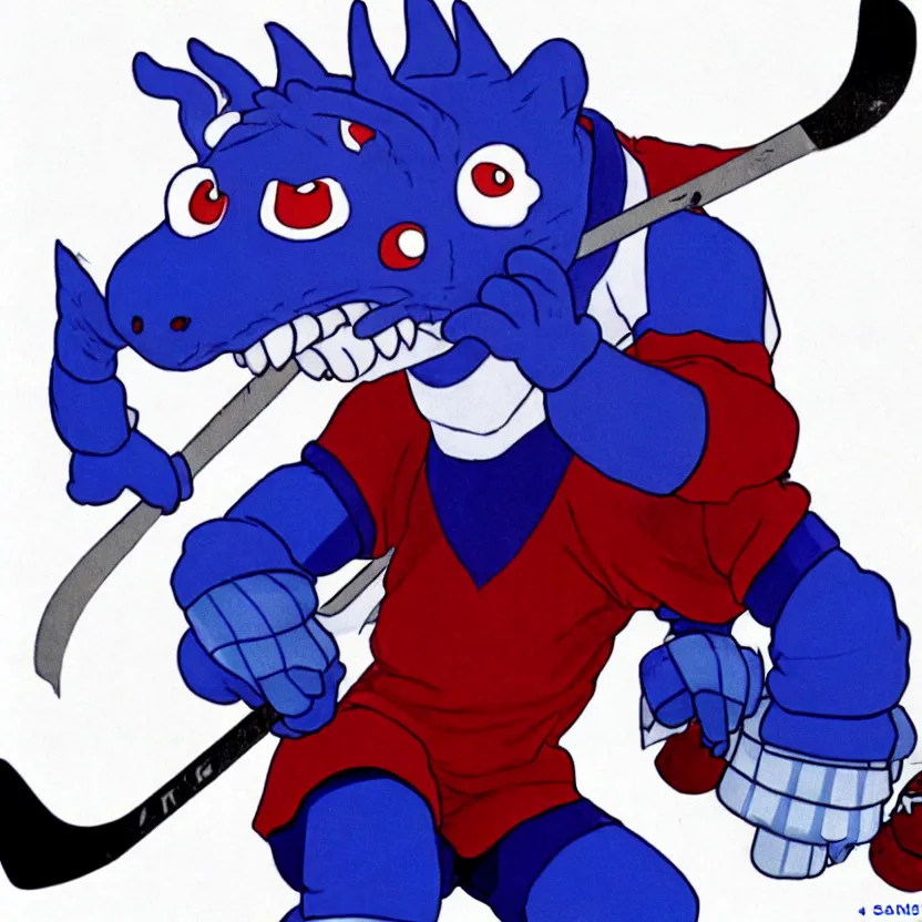 Image similar to film still of an anthropomorphic male blueberry dragon fursona in ice hockey gear, highly detailed, sharp focus, by satoshi kon