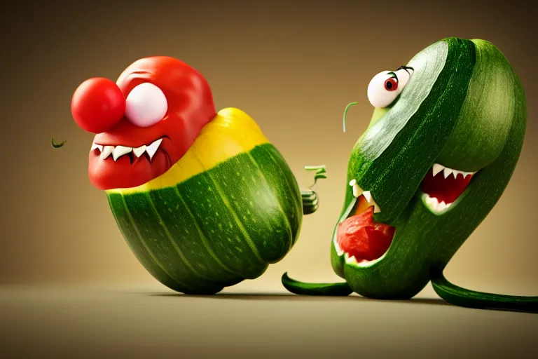 Image similar to detailed 3 d render of a mad zucchini with a long sword chasing after a tomato character, hyper realistic octane render, cinematic lighting, wide angle, nightmare, adult pixar surrealism