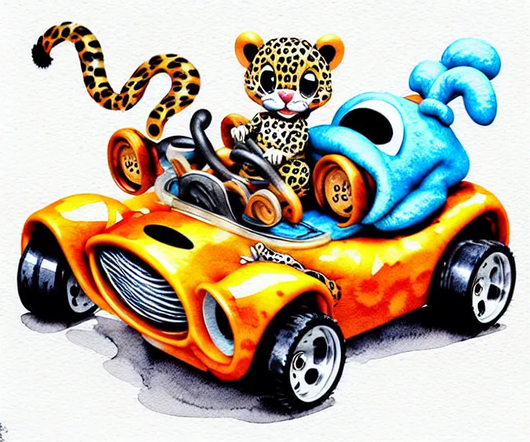 Image similar to cute and funny, baby leopard riding in a tiny go kart with oversized engine, ratfink style by ed roth, centered award winning watercolor pen illustration, isometric illustration by chihiro iwasaki, edited by range murata, tiny details by artgerm and watercolor girl, symmetrically isometrically centered