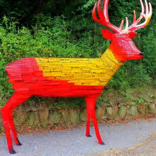 Image similar to A carnivorous deer sculpture made entirely from roadside traffic barrels