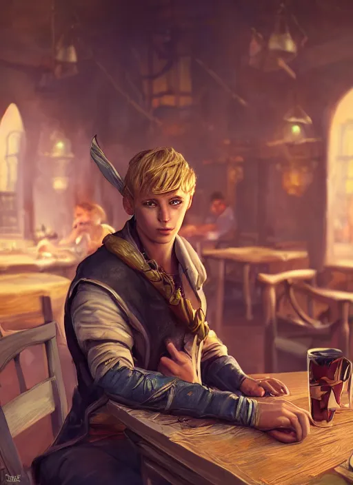 Image similar to An epic fantasy comic book style portrait painting of a young blonde boy thief in a tavern, unreal 5, DAZ, hyperrealistic, octane render, cosplay, RPG portrait, dynamic lighting