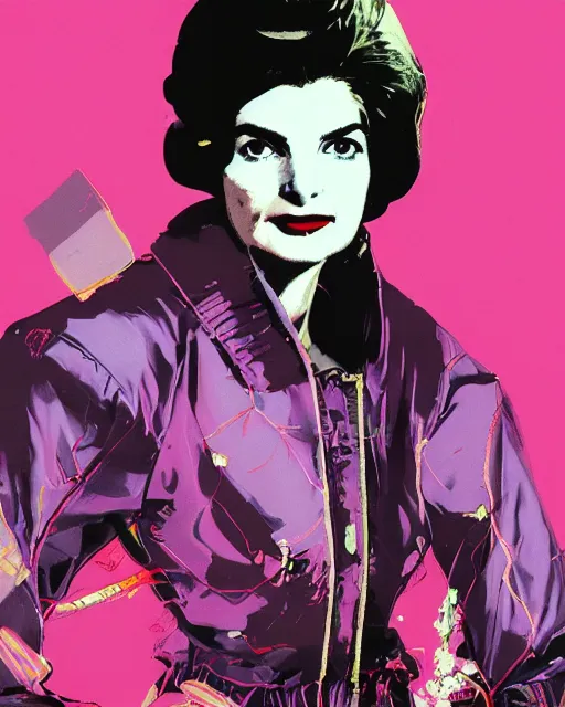 Image similar to beautiful fantasy character portrait, jacqueline kennedy silk screen print by andy warhol, wearing oversized puffy pink bomber jacket and black bikini, ultra realistic, wide angle, seductive pose, cyberpunk artifacts, highly detailed by peter mohrbacher, hajime sorayama, wayne barlowe, boris vallejo, aaron horkey, gaston bussiere, craig mullins