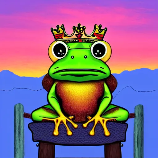Prompt: king frog on a throne in beautiful mountains watching a sunset, digital art
