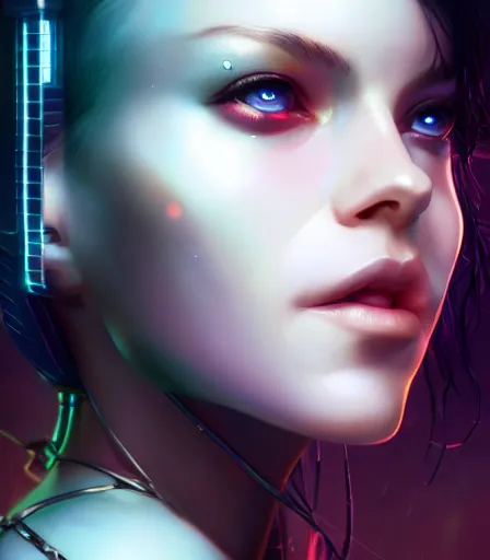 Image similar to beautiful portrait of a cyberpunk goddess who looks like Emily Ratakowski , character design by charlie bowater, ross tran, artgerm, and makoto shinkai, detailed, soft lighting, rendered in octane