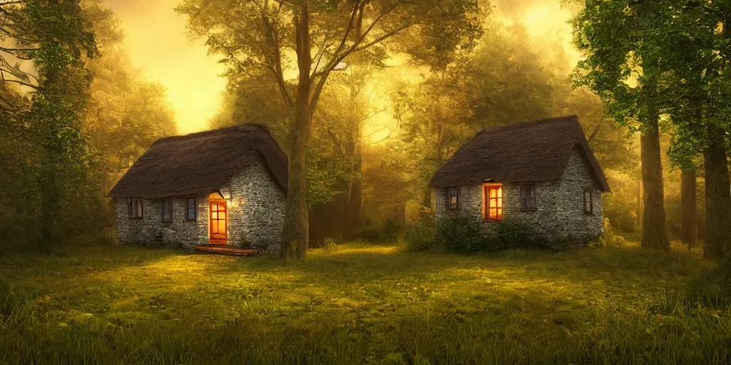 Prompt: lone cottage in the woods, 8k, fantasy, photorealistic, dramatic lighting