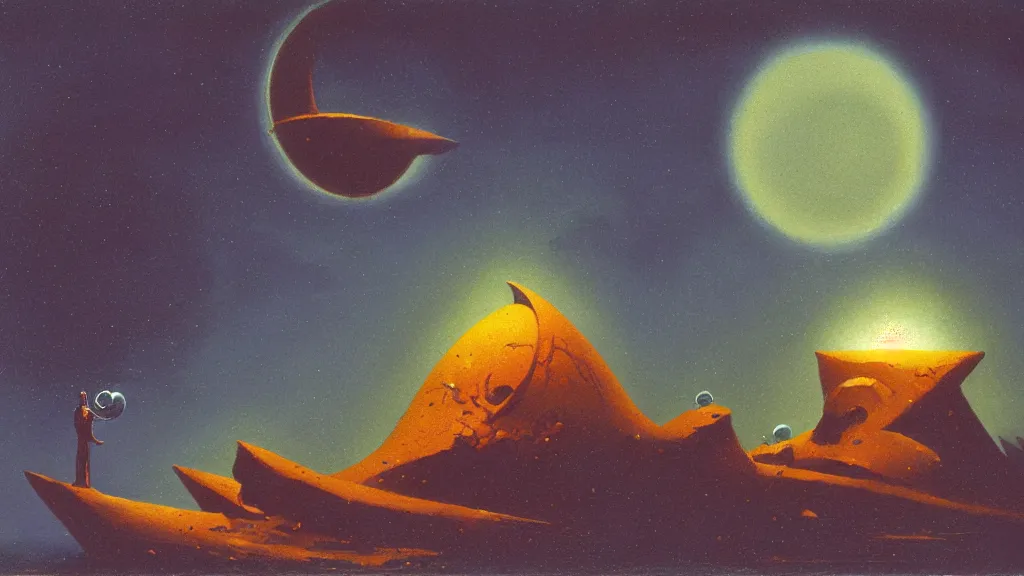 Image similar to mysterious whimsical sculpture of an alien crescent moon by paul lehr and john schoenherr, cinematic matte painting