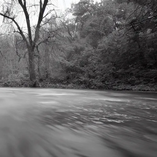 Prompt: photo of a ghostly figure floating over a river, cinematic, blair witch project, real