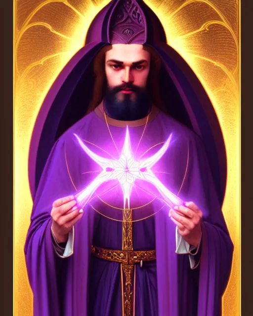 Image similar to portrait of saint germain, he is holding the violet purple indigo flame, completely violet colored, intricate, elegant, highly detailed, digital painting, artstation, concept art, smooth, sharp focus, illustration, art by artgerm and greg rutkowski and fra angelico and alphons mucha