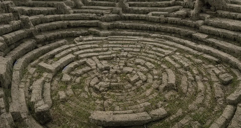 Image similar to ancient greek overgrown labyrinthwith an gigantic ancient altar in the center, by giger, stalenhag, beksinski, retro sci - fi movie, highly detailed, photorealistic, illustration, matte painting, 8 k, trending on artstation