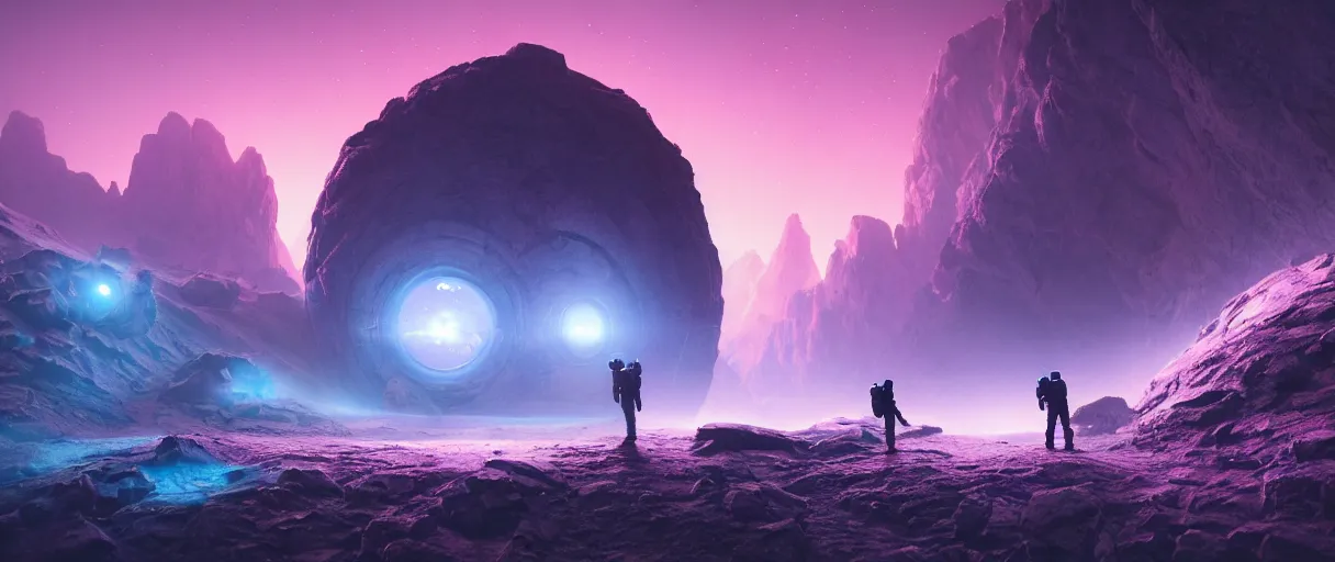 Prompt: astronauts investigate a portal on an alien planet, mountains, rivers, small pink foggy and gloomy, blue lights, bokeh background, highly detailed science fiction illustration by jeremy geddes. photorealistic, octane render, hyper detailed, 8 k, movie still, artstation, unreal engine