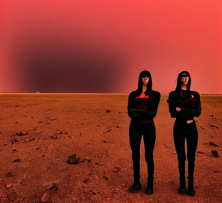Image similar to cinestill 5 0 d 3 5 mm photographic portrait of two loving female androids wearing rugged black techwear on a desolate plain with a red sky, lizard on ground, cyberpunk style, a brutalist dark metal facility in background, dust storm, 8 k, high resolution, f / 3. 2, ultra realistic faces
