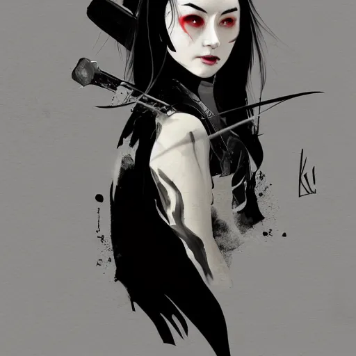 Prompt: a woman in black, bloodthirsty, samurai, katana, agony, digital illustration, artstation