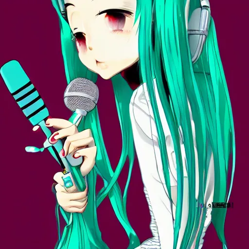 Image similar to hatsune mikue in a sweater rapper with microphone dark art